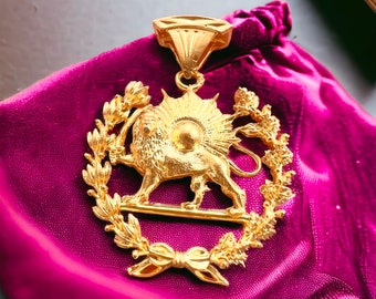 Made in Turkey 22k gold plaited imperial lion & sun coat of arm persian farvahar pahlavi shah 925k silver pendant necklace,mythology gift