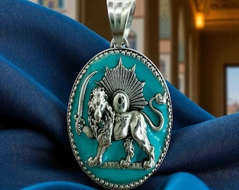 Türkisfarbener Löwen-Sonnen-Anhänger aus Sterlingsilber: Anhänger aus der persischen Mythologie (Farsi), hergestellt in der Türkei