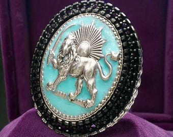 Anillo Pahlavi turquesa con león y sol en plata 925 - Escudo de armas persa, farsi de Oriente Medio, fabricado en Turquía