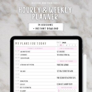 May include: A pink and white printable daily planner with a section for "My Plans for Today" and a schedule from 6:00 AM to 11:00 PM. The planner includes sections for "Top 3 Priorities", "Must Do Today", "Water Intake", and "Meal Tracker".