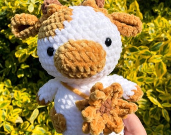 Crochet cow, Sunflower cow plushie, cow plush with sunflower bag, crochet cow plush