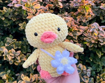 Häkelente, Ente mit Gänseblümchen Geldbeutel, Entenplüschie, Häkelentenplüsch