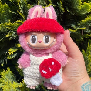 Crochet Mushroom Overalls for Labubu - Cottagecore Doll Clothes with Matching Hat
