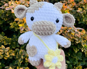 Crochet cow, Cow with daisy purse plushie, cow plushie, crochet cow plush