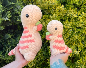 Handmade Crochet Peach Dinosaur Plush Toy, Peach plush, Cute and Cuddly Dinosaur plush toy in two size