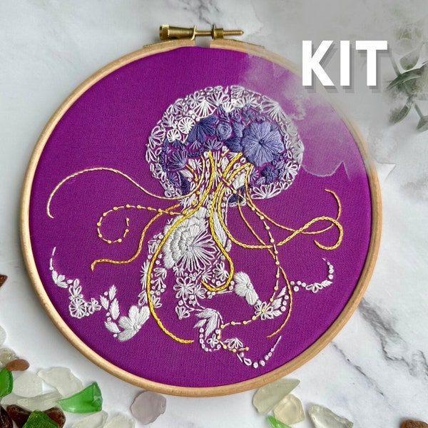 Beginner Embroidery Kit - Jellyfish -  Animal Art - DIY Needle Work Craft Kit - Ocean Decor - Modern - Hobby gift idea - Marine Animal