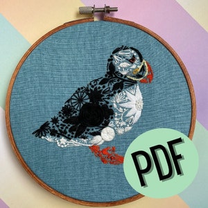 Digital PDF Pattern Atlantic puffin Floral, PDF guide, Instant Download, Hand Embroidery Pattern, Animal Embroidery, sea bird
