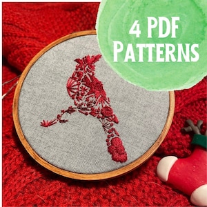 Holiday Ornament Hand Embroidery PDF Pattern: Cardinal, Reindeer, Squirrel, Camel (Digital Download)