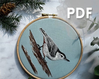 Guide de peinture au fil modèle PDF - sittelle à poitrine blanche - broderie à la main - téléchargement numérique - art de la nature - art d'oiseaux - adapté aux débutants