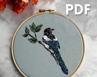 Black-Billed Magpie Embroidery Pattern: Floral Bird Design (PDF Pattern)