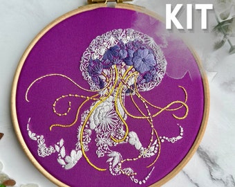 Beginner Embroidery Kit - Jellyfish -  Animal Art - DIY Needle Work Craft Kit - Ocean Decor - Modern - Hobby gift idea - Marine Animal