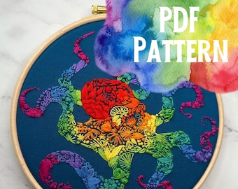 Digital PDF Pattern Rainbow Octopus, PDF guide, Intermediate Embroidery, Instant Download, Hand Embroidery Pattern, Animal Art, Ocean Decor