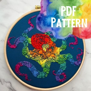 Digital PDF Pattern Rainbow Octopus, PDF guide, Intermediate Embroidery, Instant Download, Hand Embroidery Pattern, Animal Art, Ocean Decor