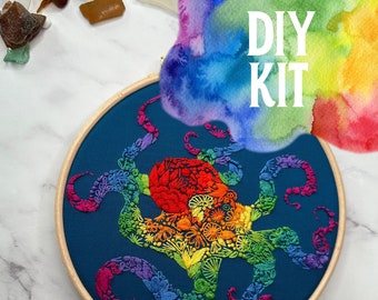 Rainbow Octopus Embroidery Kit - Nature and Animal Art - DIY Needle Work Craft Kit - Ocean Decor - Modern - Hobby gift idea - Marine Animal