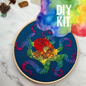 Rainbow Octopus Embroidery Kit - Nature and Animal Art - DIY Needle Work Craft Kit - Ocean Decor - Modern - Hobby gift idea - Marine Animal