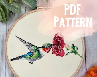 Digital PDF Pattern Floral Hummingbird, PDF guide, Advanced Embroidery, Instant Download, Hand Embroidery Pattern, Animal Art, Spring Decor