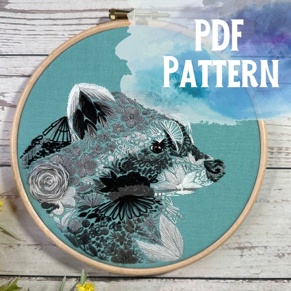 Motif PDF numérique Floral Trash Panda, Guide pratique, Broderie intermédiaire, Téléchargement instantané, Broderie à la main, Art animalier, Raton laveur