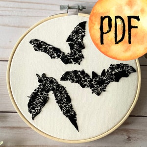 Digital PDF Pattern Halloween Floral Bats, PDF guide, Instant Download, Hand Embroidery Pattern, Animal Embroidery, Spooky