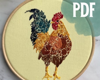 Digital PDF Pattern Mister Rooster Floral, PDF guide, Instant Download, Hand Embroidery Pattern, Animal Embroidery, Rustic Decor, Farm Life