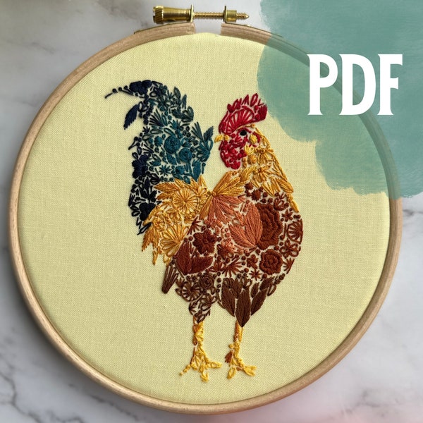 Modèle PDF numérique Mister Rooster Floral, guide PDF, téléchargement immédiat, motif de broderie à la main, broderie animale, décor rustique, vie à la ferme