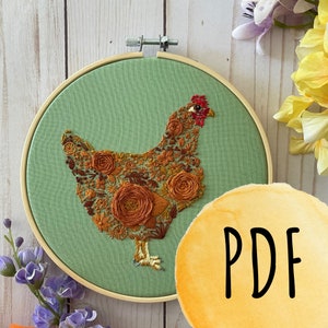 Floral Chicken Hand Embroidery Pattern: Rustic Farm Decor (PDF Pattern)