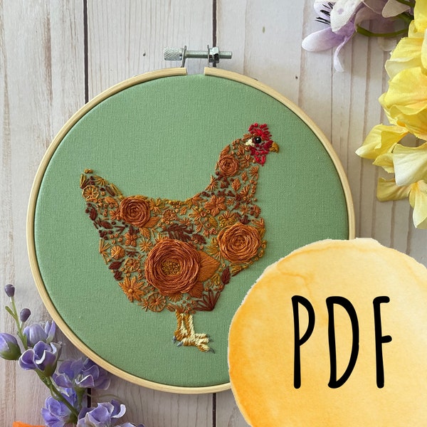 Digital PDF Pattern Farm Floral Chicken, PDF guide, Instant Download, Hand Embroidery Pattern, Animal Embroidery, Rustic Decor