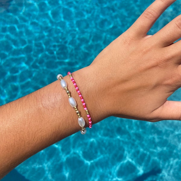 pink cherry bracelet set | preppy aesthetic pink, red and gold beachy bracelet set