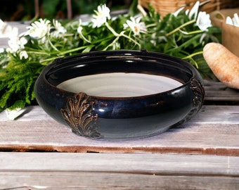 Bonsai Pot - Medium pottery bonsai pot or succulent plant with 4 Acanthus legs in brown black River Rock glaze.