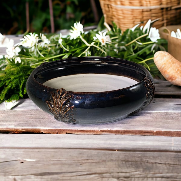 Bonsai Pot - Medium pottery bonsai pot or succulent plant with 4 Acanthus legs in brown black River Rock glaze.
