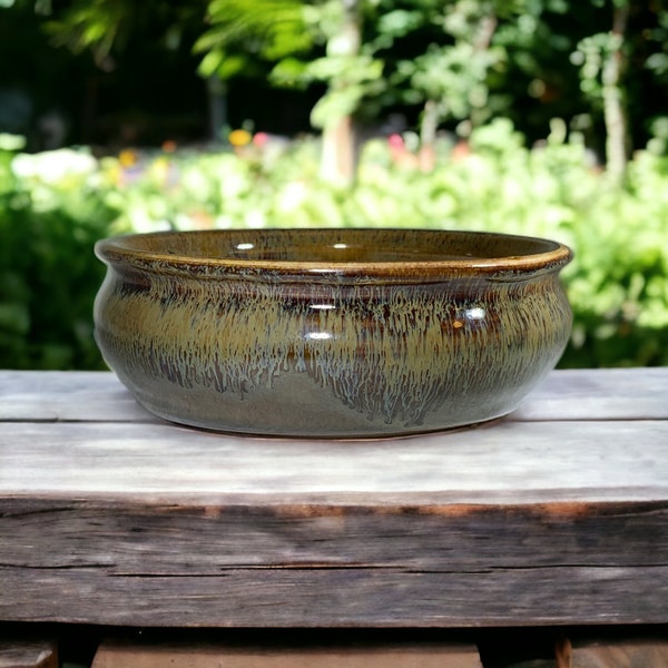 Bonsai Pot - Small brown drip glaze pottery bonsai pot or succulent garden plant pot in soft brown.