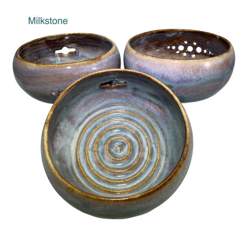 Three in one Hand Thrown Ceramic Berry Bowl, Herb Stripper & Egg Separator - Various Colors Milkstone
