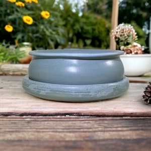 Bonsai Pot - Medium blue stoneware bonsai or succulent plant pot with matching saucer in satin oribe