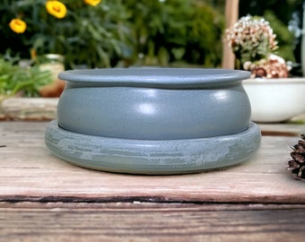 Bonsai Pot - Medium blue stoneware bonsai or succulent plant pot with matching saucer in satin oribe