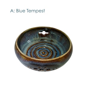 Three in one Hand Thrown Ceramic Berry Bowl, Herb Stripper & Egg Separator - Various Colors A: Blue Tempest