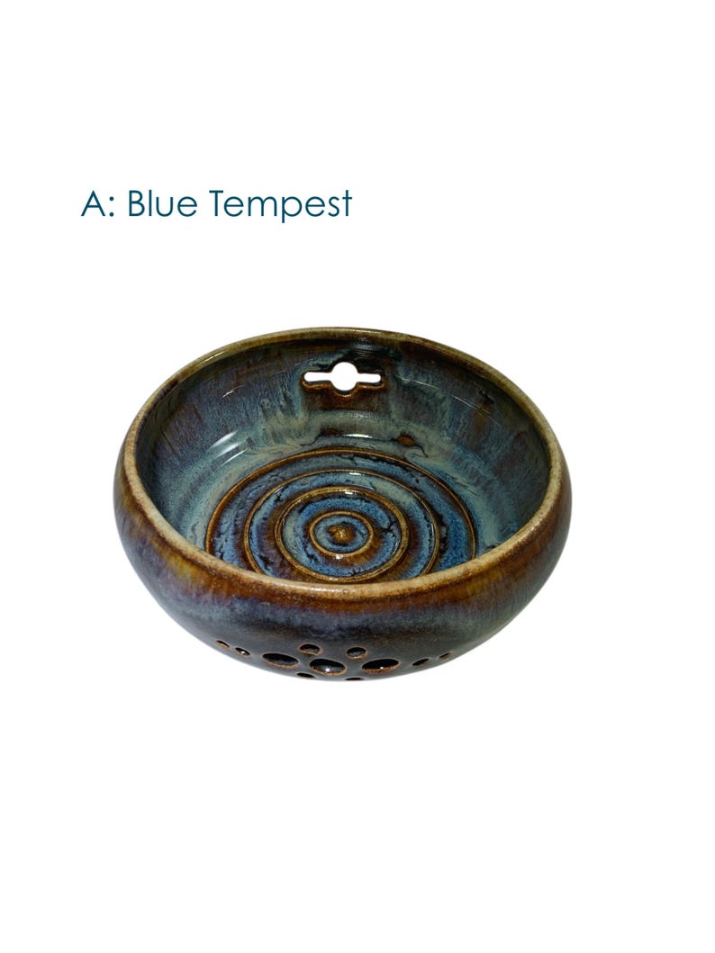 Three in one Hand Thrown Ceramic Berry Bowl, Herb Stripper & Egg Separator - Various Colors A: Blue Tempest