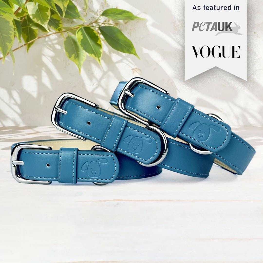 Blue Personalised Vegan Leather Dog Collar, Padded, Eco-friendly and ...