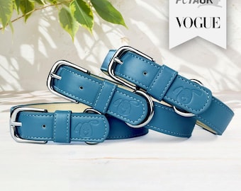 Blue Personalised Vegan Leather Dog Collar, Padded, Eco-Friendly and Adjustable
