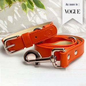 May include: Vibrant orange dog collar and lead set. The collar has a silver buckle and a debossed dog face. The lead has a silver clasp. The set is displayed on a white surface. Text in the image reads "As seen in: VOGUE".