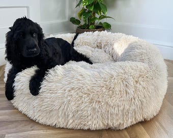 Beige ECO Donut Shaped Fluffy Dog Bed, Washable Dog Bed, Doughnut Dog Calming Bed, Comfy Cooling Doggy Bed, Anti Anxiety Gifts Dog Bed Nest