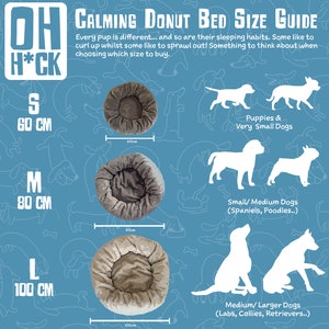May include: A size guide for calming donut beds for dogs. The guide shows three sizes of beds: small (60 cm), medium (80 cm), and large (100 cm). Each size is illustrated with a silhouette of a dog breed that would be suitable for that size bed.