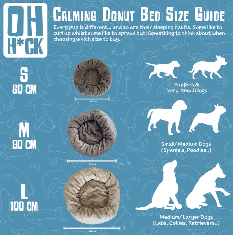May include: A size guide for calming donut beds for dogs. The guide shows three sizes of beds: small (60 cm), medium (80 cm), and large (100 cm). Each size is illustrated with a silhouette of a dog breed that would be suitable for that size bed.