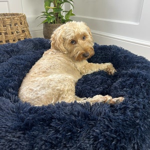 blue dog bed, dark dog bed, navy blue dog bed, navy dog bed, blue fluffy dog bed, dog snuggle bed, snuggly dog bed,
