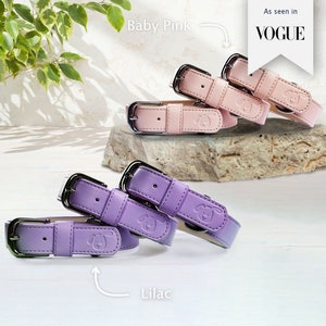 Lilac Dog collar. Lavender collar, Purple Collar, Magenta Collar, Pastel Colour collars. Vibrant & stylish.  Vegan Leather Collar. Plain small embossing detail. Stainless steel silver buckle. Pink dog collar  Baby Pink vegan collar,