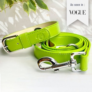 Puede incluir: Un juego de collar y correa para perro de cuero verde brillante con hebilla y cierre plateados. El collar tiene una pequeña silueta de perro grabada. El texto "As seen in: VOGUE" es visible en el fondo.