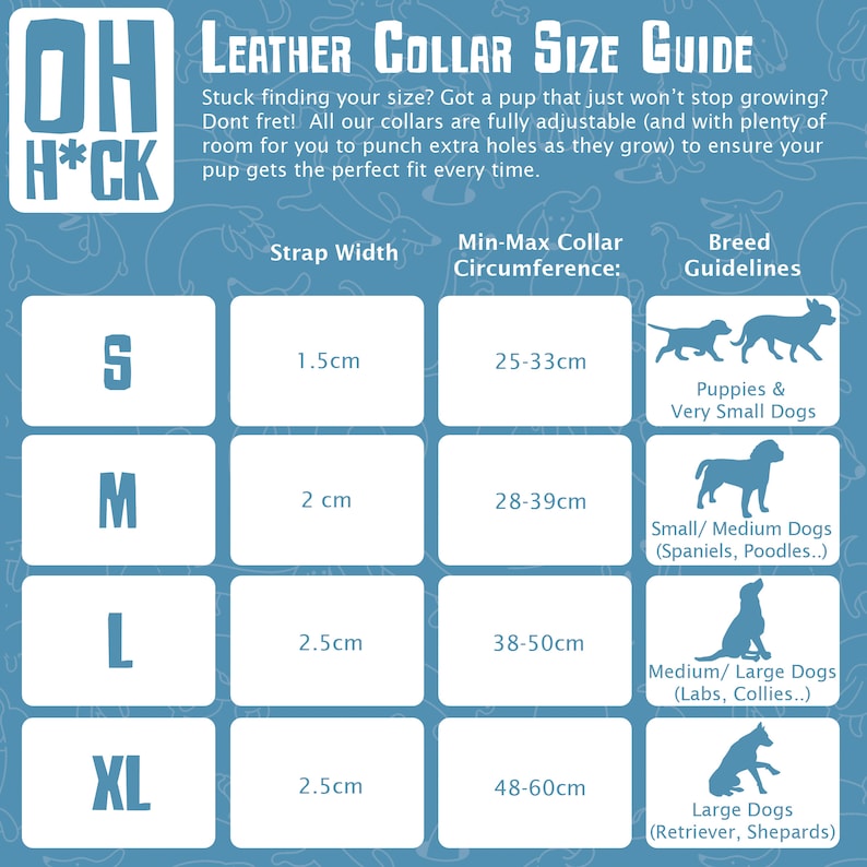 vegan leather dog collar size guide, size small medium large and extra large