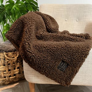 May include: A brown fluffy throw blanket with a black patch that says "OH H*CK" is draped over a light brown armchair.