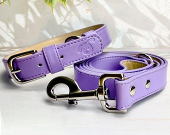 Personalised Lilac Matching Vegan Dog Collar and Lead Sets, Vegan Leather Dog Collar Leash Set,  Padded Soft comfortable Puppy Collar Lead
