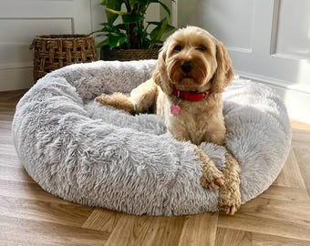 Grey ECO Donut Shaped Fluffy Dog Bed, Washable Dog Bed, Doughnut Dog Calming Bed, Comfy Cooling Doggy Bed, Anti Anxiety Gifts Dog Bed Nest