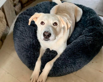 Navy Blue ECO Donut Shaped Fluffy Dog Bed, Washable Dog Bed, Doughnut Dog Calming Bed, Comfy Cooling Doggy Bed, Anti Anxiety Gifts Dog Bed