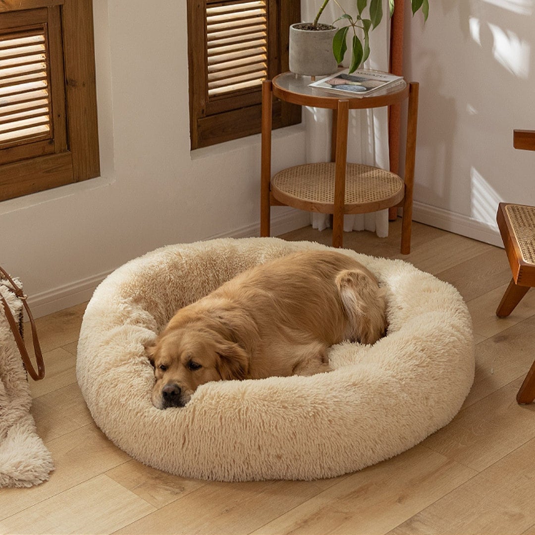 Beige ECO Donut Shaped Fluffy Dog Bed, Washable Dog Bed, Doughnut Dog
